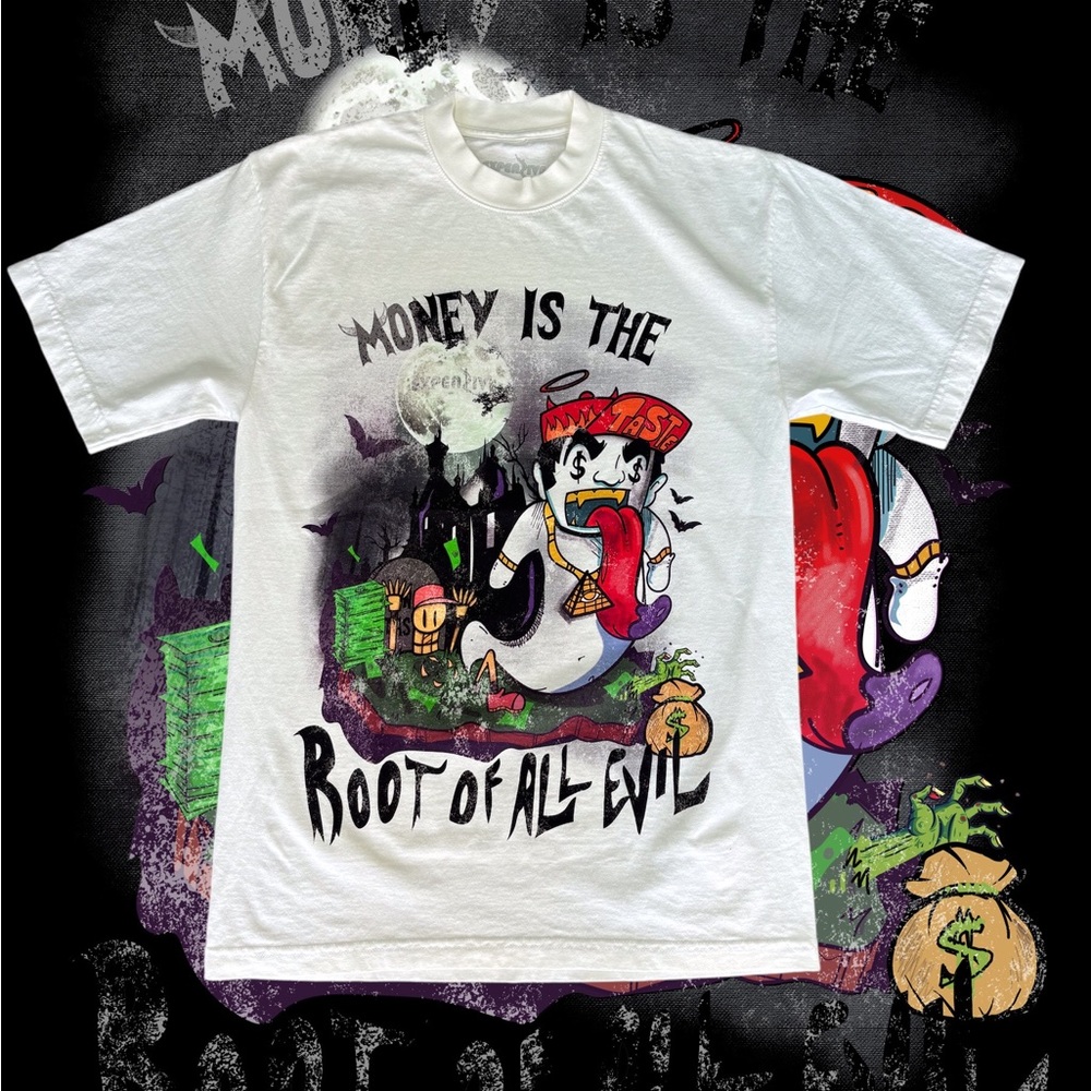 THE ROOT OF ALL EVIL OFF WHITE TEE